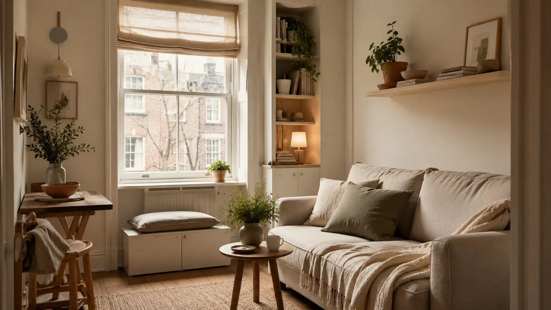 Small living space with warm neutral decor, compact furniture and clever storage ideas for a UK home.