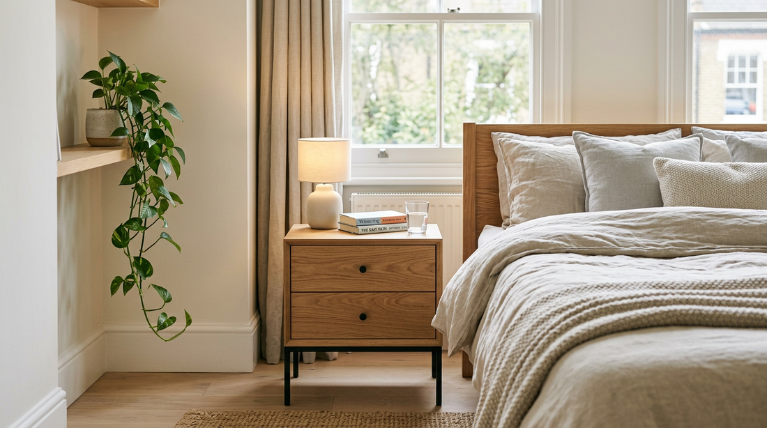 Oak bedside table with two drawers beside a bed with linen bedding, lamp and book in a calm UK bedroom