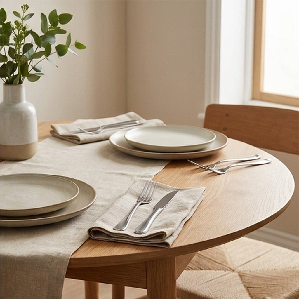 Polished stainless steel cutlery styled on a neutral dining table