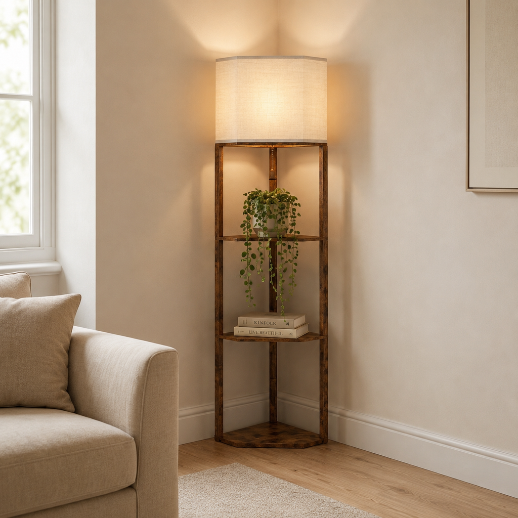 Corner floor lamp with shelves styled in a calm living room