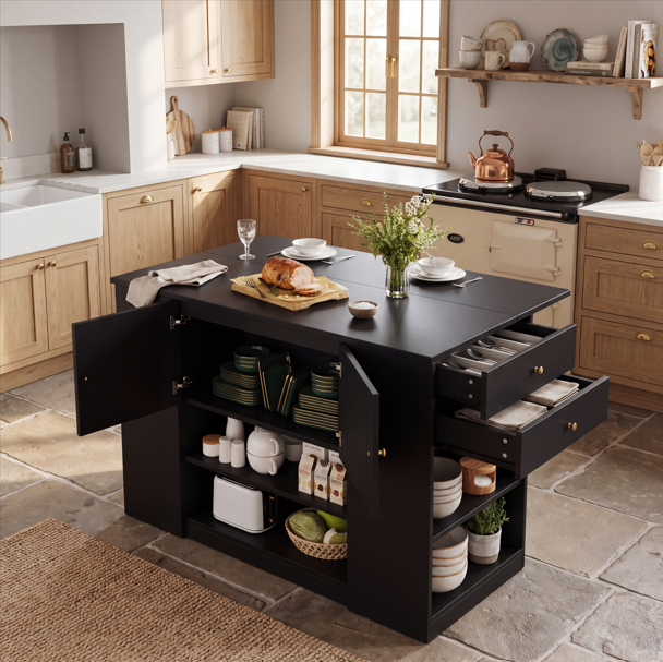 Black Kitchen Island with Storage | Drop Leaf Folding Sideboard, 140cm