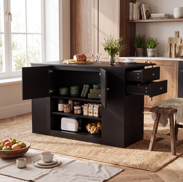 Black Kitchen Island with Storage | Drop Leaf Folding Sideboard, 140cm