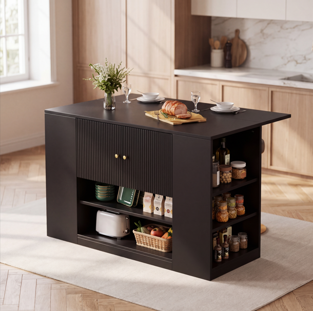 Black Kitchen Island with Storage | Drop Leaf Folding Sideboard, 140cm