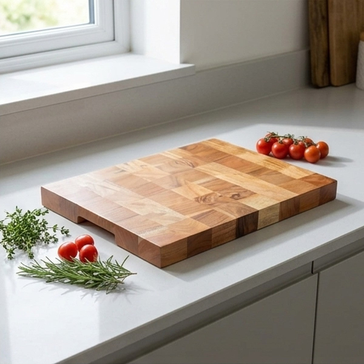 Solid acacia wood chopping board styled on a bright kitchen worktop