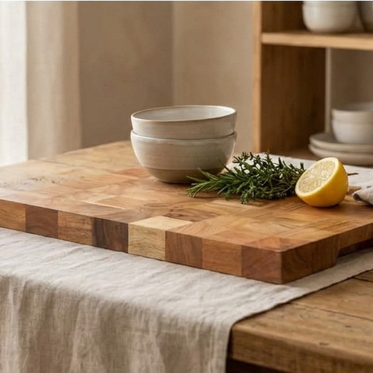 Acacia wood chopping board styled on a rustic kitchen table