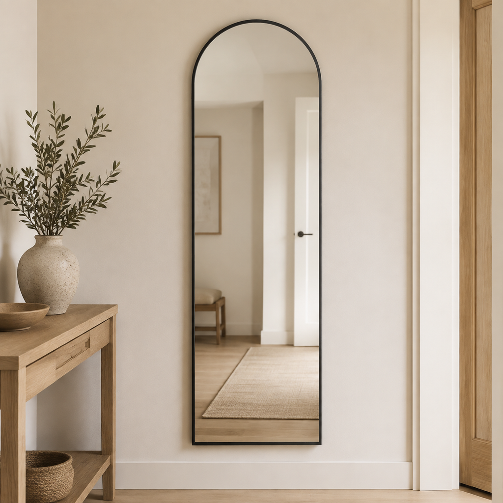 Arched black full-length mirror wall mounted in a warm hallway