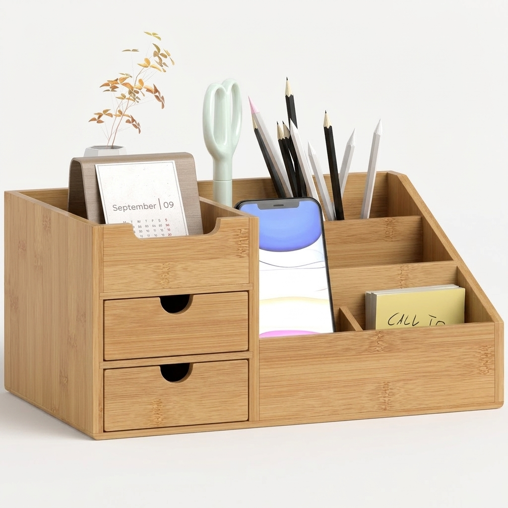 Bamboo desk organiser caddy with compartments on a white background