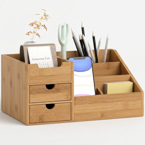 Bamboo desk organiser front view with drawers