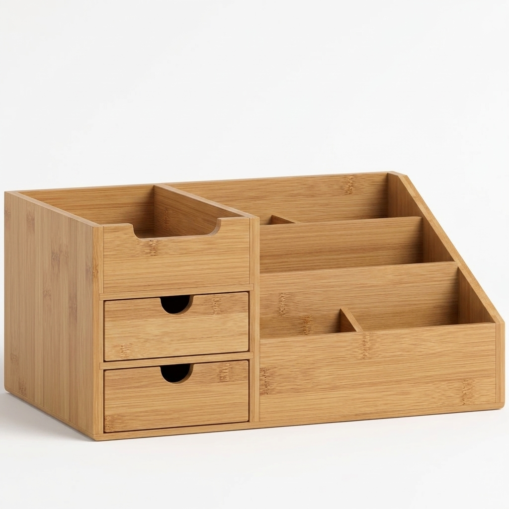 Bamboo desk caddy angled studio shot