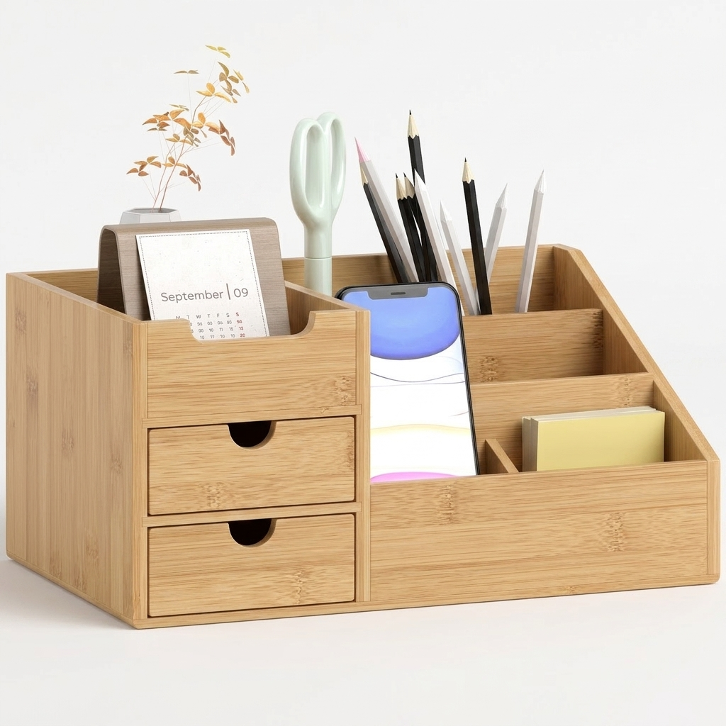 Bamboo desk organiser compartment and drawer detail