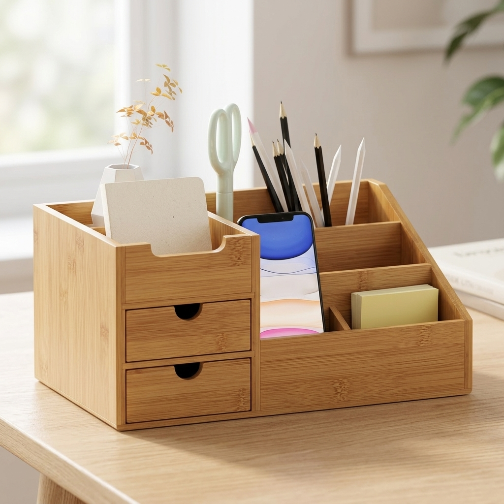 Bamboo desk organiser holding stationery on a wooden desk