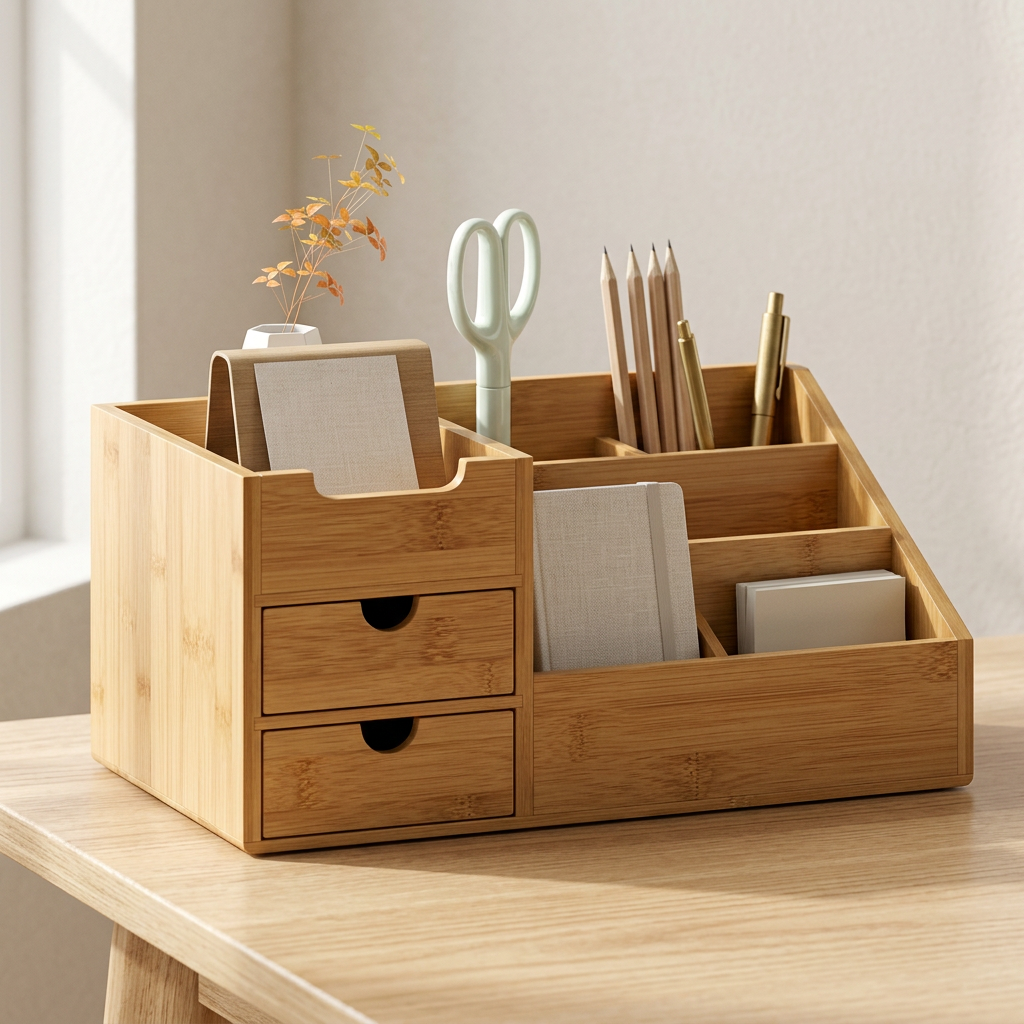 Bamboo desk organiser styled in a calm home office