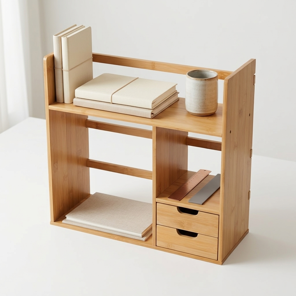 Bamboo desktop organiser shelf and compartment detail