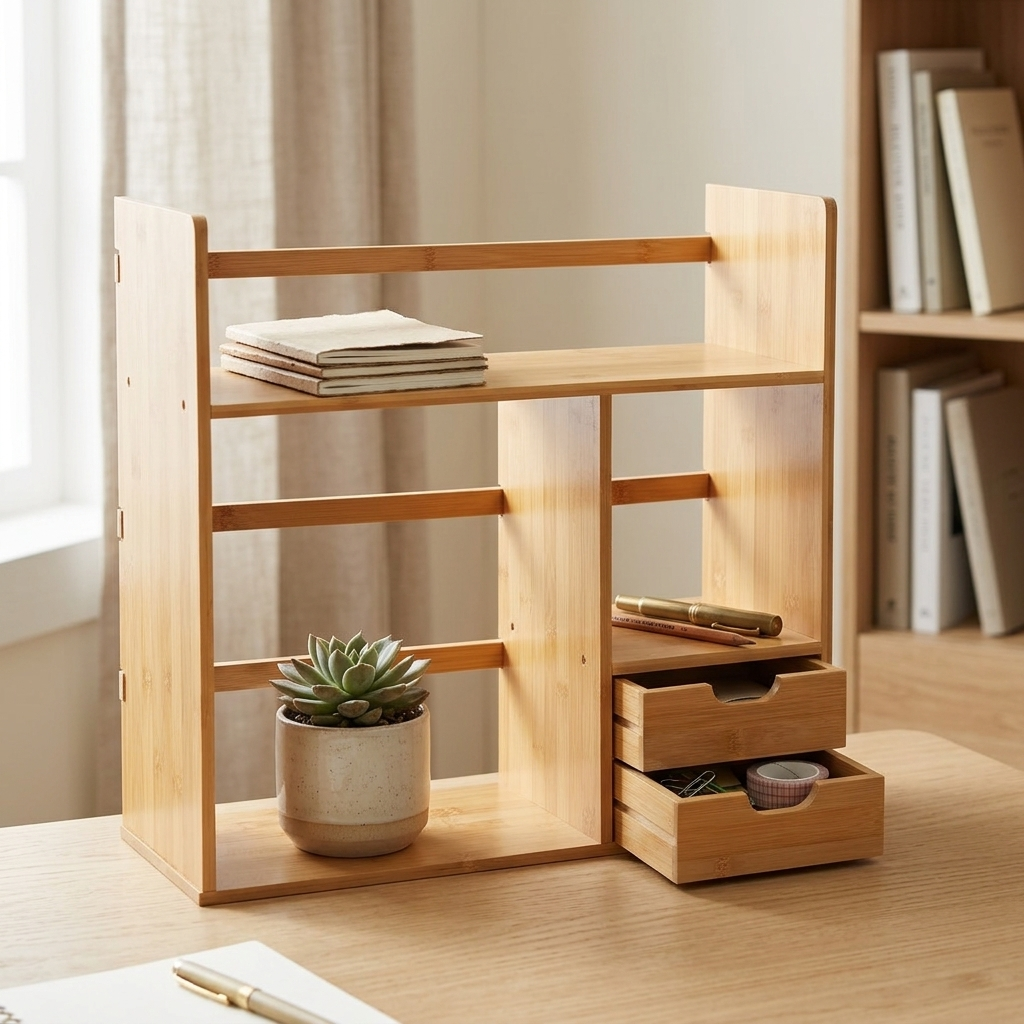 Bamboo desktop organiser holding stationery on a desk