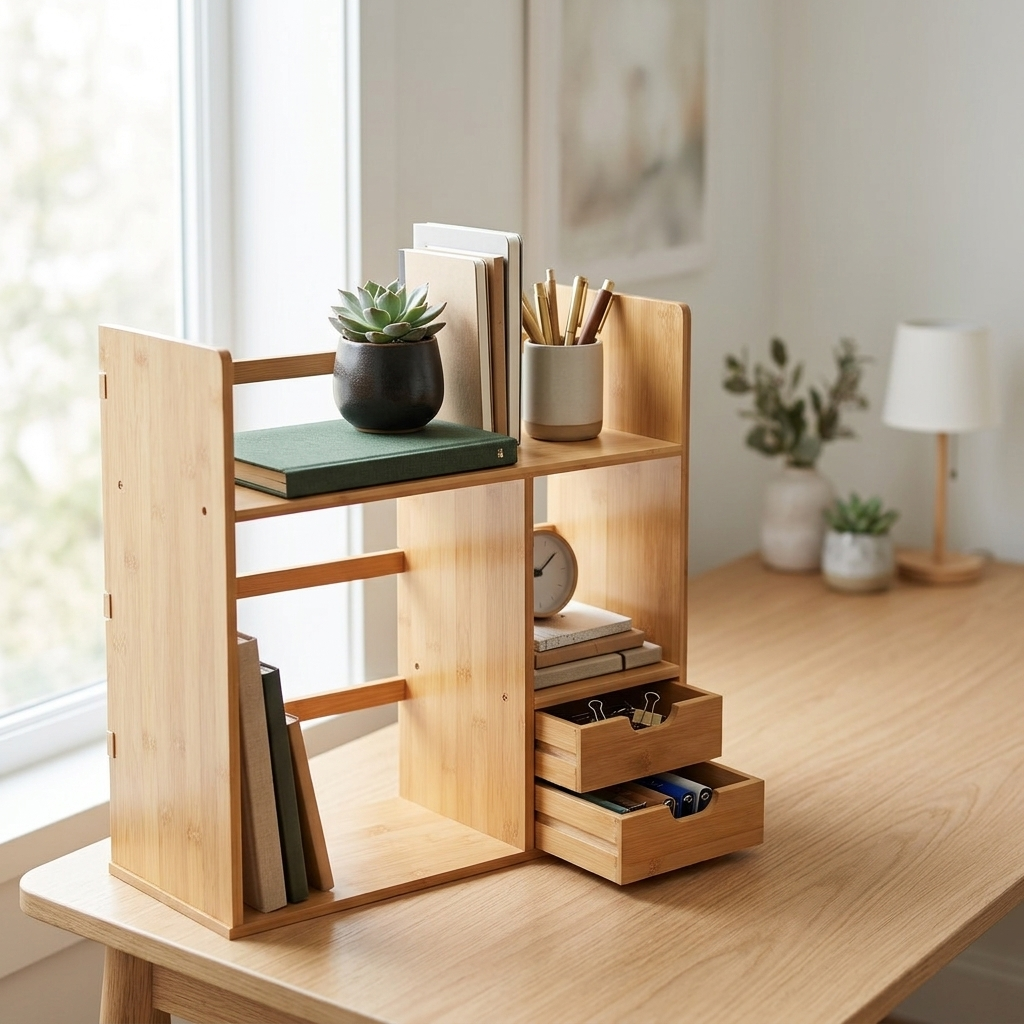 Bamboo desktop organiser styled in a calm workspace