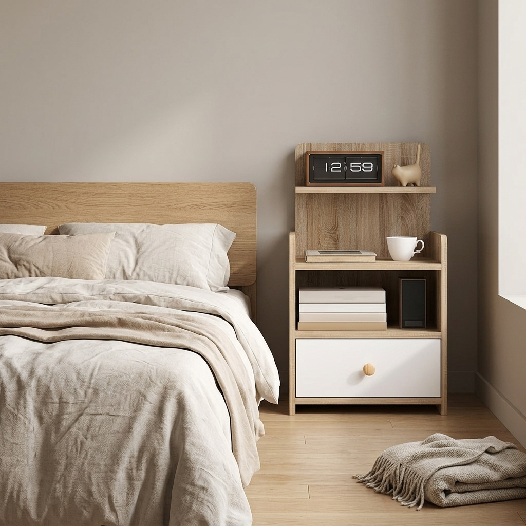 Bedside table with three tiers styled in a bedroom