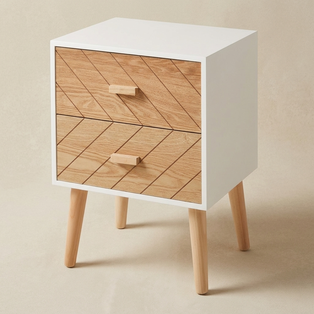 Bedside table with two drawers on tapered pine legs