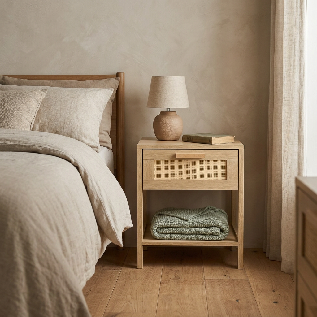 Bedside table with drawer and woven rattan detail