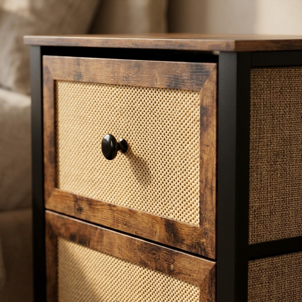 Black bedside table with two woven drawers, detail