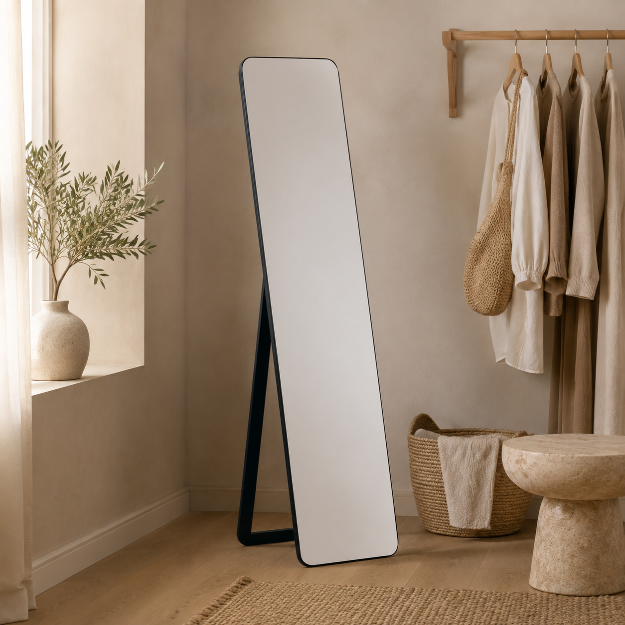 Slim black dressing mirror freestanding in a neutral dressing area