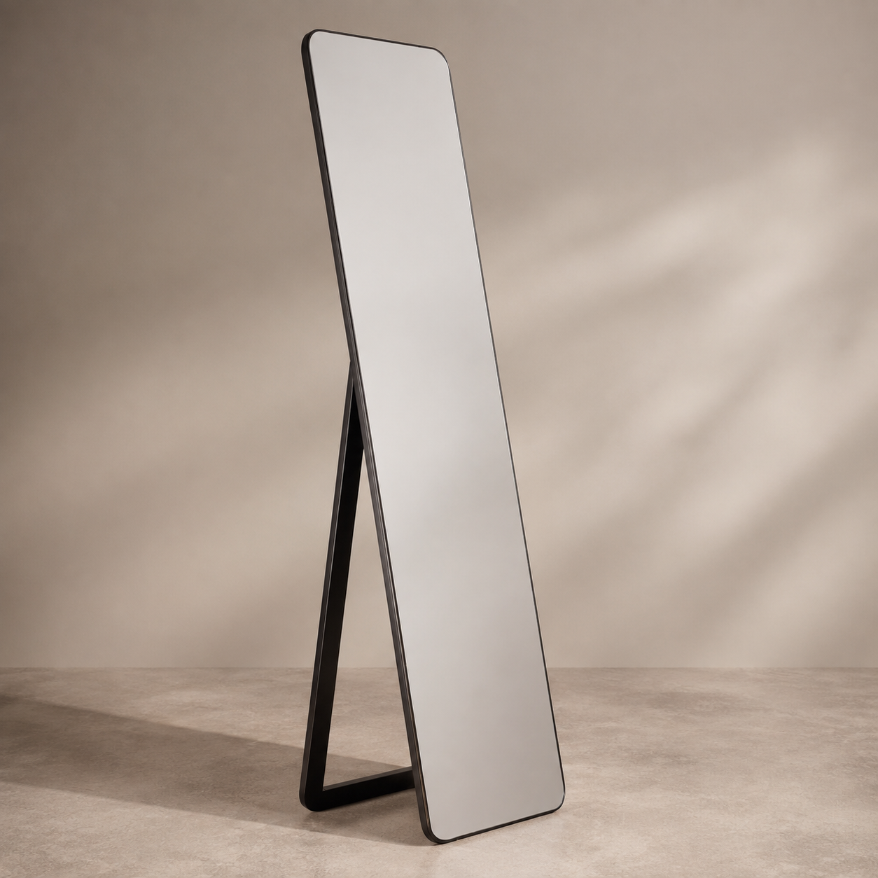 Side view of black full-length mirror with A-frame support stand