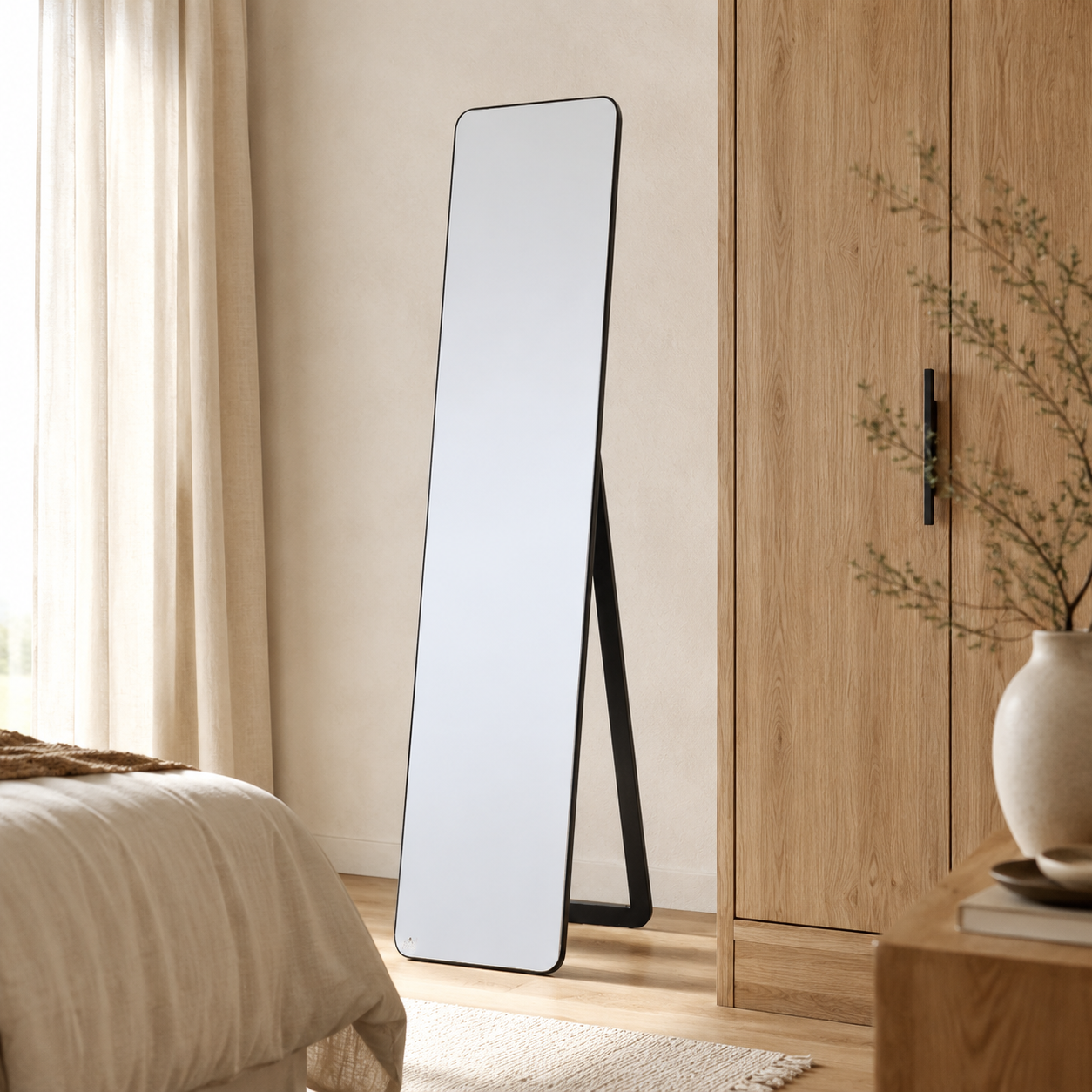 Black full-length freestanding mirror in a warm neutral bedroom