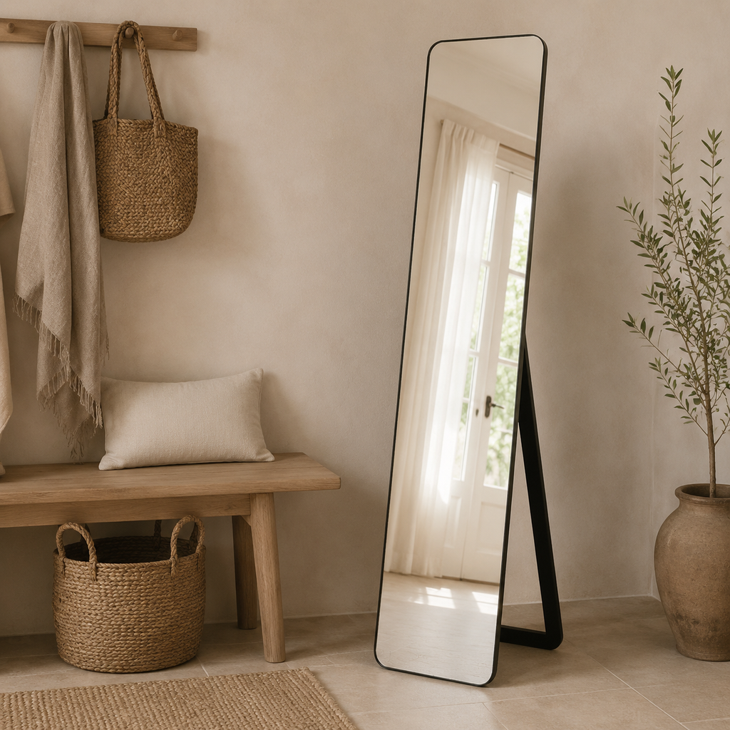 Slim black freestanding full-length mirror in a neutral entryway