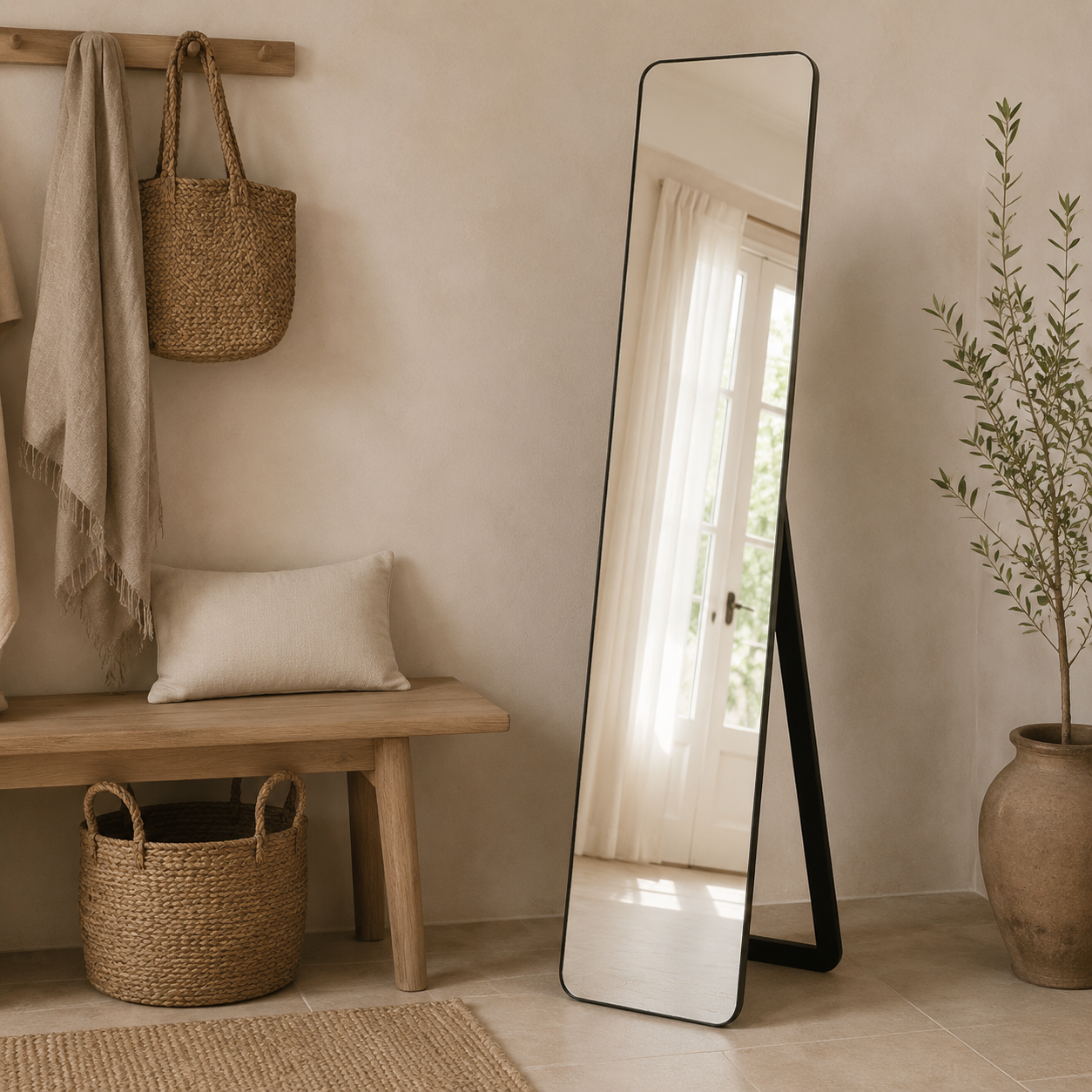 Slim black freestanding full-length mirror in a neutral entryway