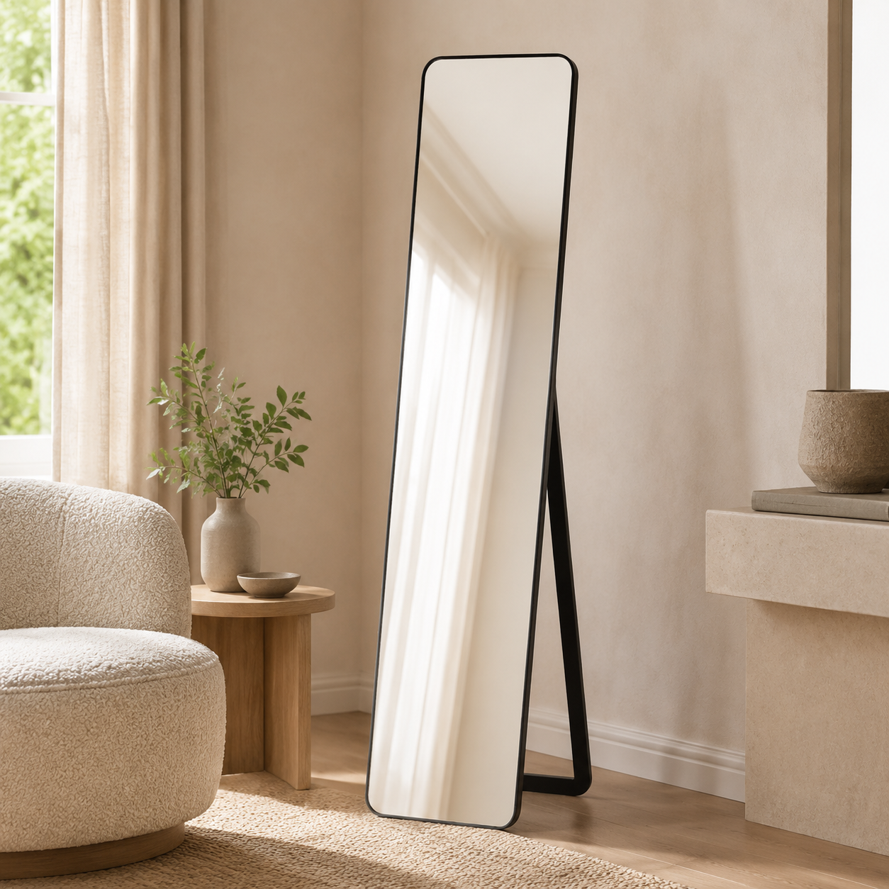 Freestanding black full-length mirror in a warm neutral living room