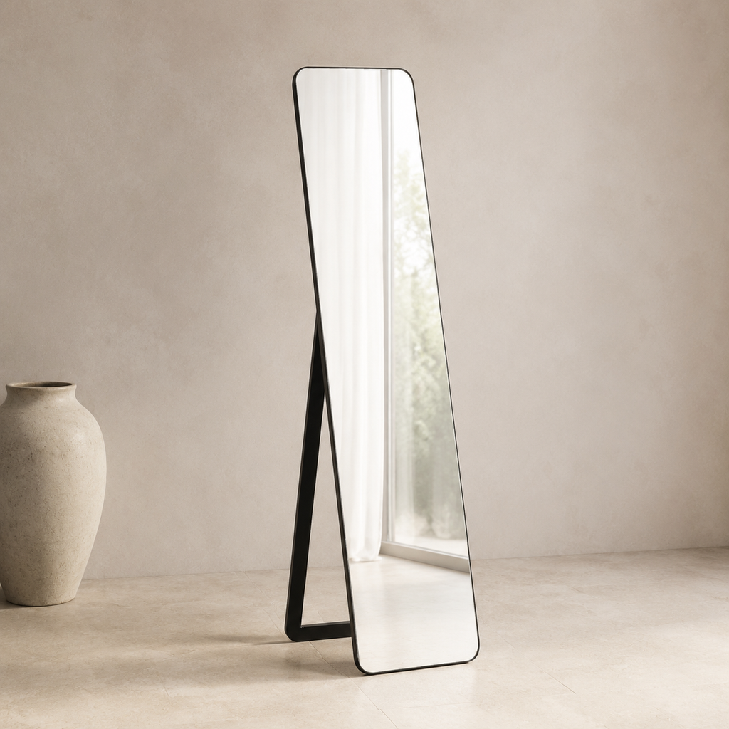 Black full-length freestanding mirror photographed in natural daylight