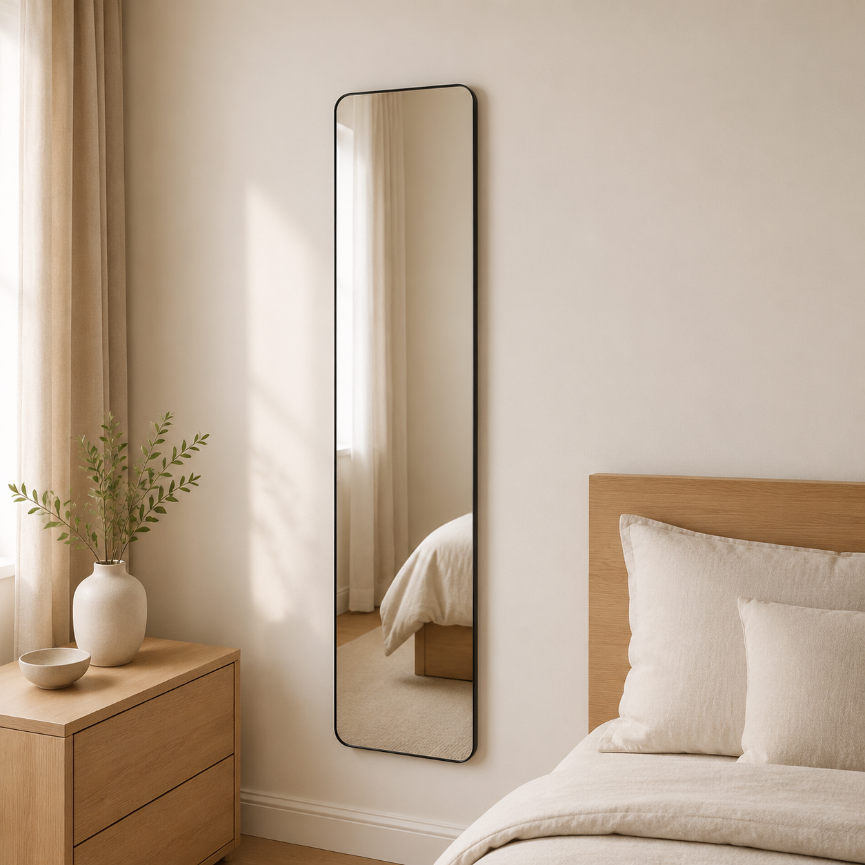 Wall-mounted black full-length mirror in a natural oak bedroom