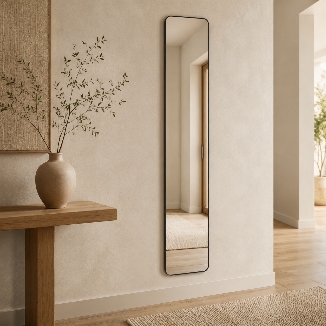 Slim black full-length mirror wall mounted in a warm hallway