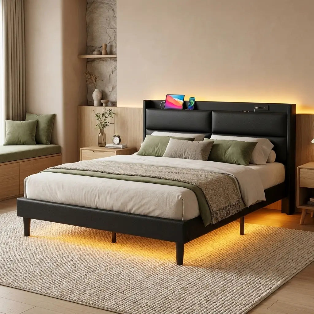 Black upholstered king size LED bed with charging headboard in a warm modern British bedroom