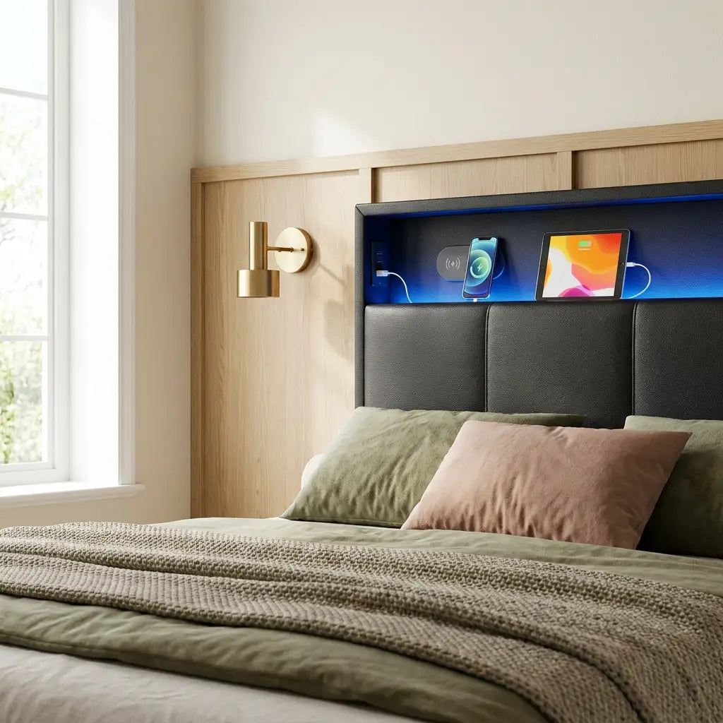Black upholstered king size LED bed with charging headboard styled in a Nest Cream bedroom