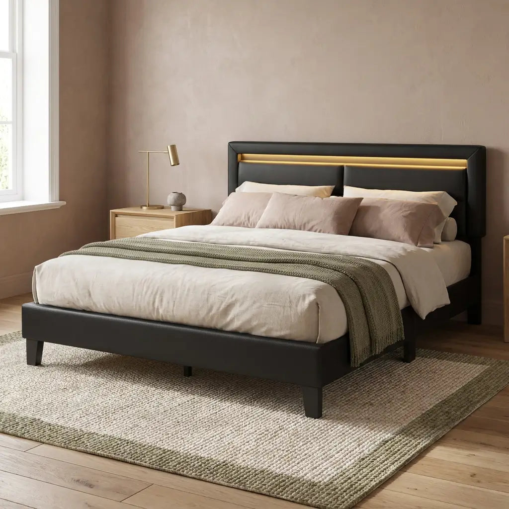 Black upholstered king size LED bed with charging headboard three-quarter product view in a bedroom