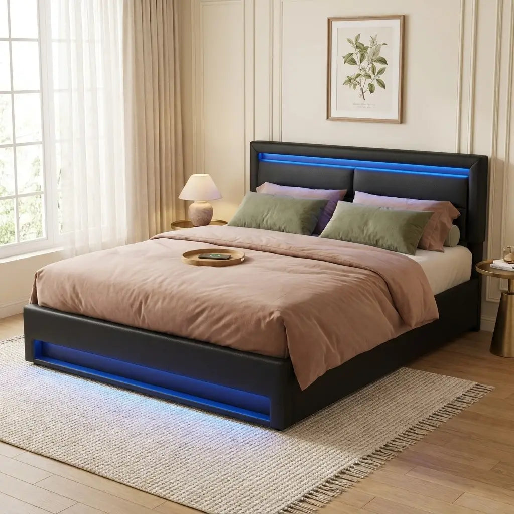 Black upholstered king size LED bed with charging headboard close product detail for a bedroom