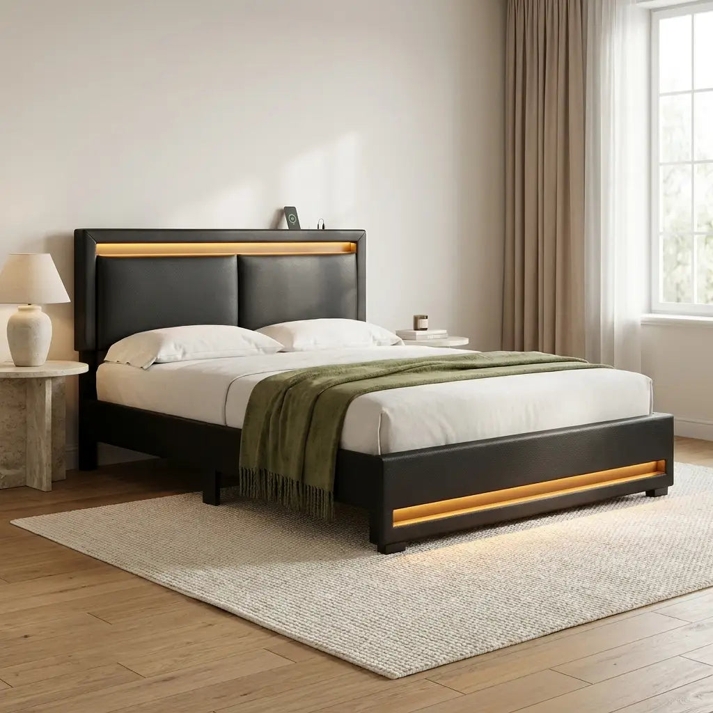 Black upholstered king size LED bed with charging headboard with warm natural wood styling in a bedroom