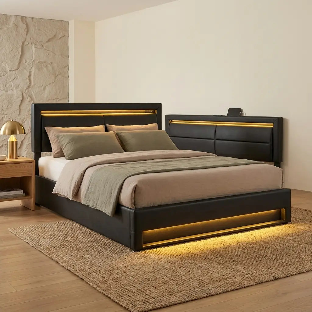 Black upholstered king size LED bed with charging headboard in soft natural daylight in a bedroom