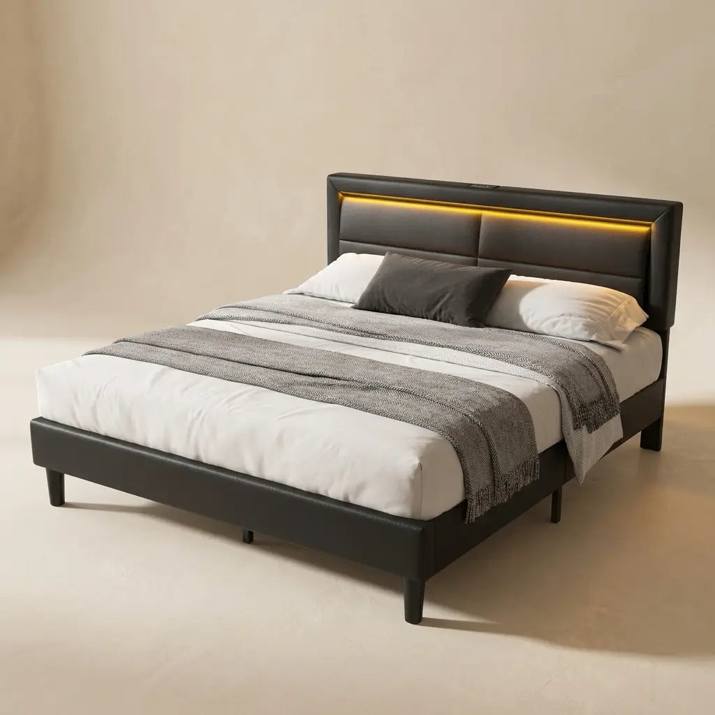 Black upholstered king size LED bed with charging headboard shown at room scale in a bedroom
