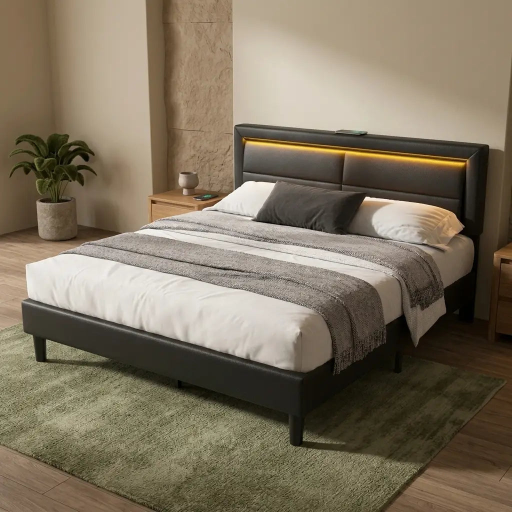 Black upholstered king size LED bed with charging headboard from a customer-friendly angle in a bedroom