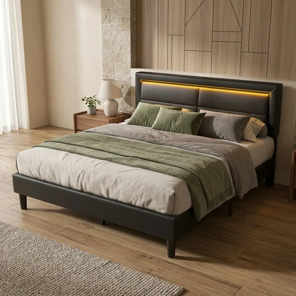 Black upholstered king size LED bed with charging headboard premium product hero view in a bedroom