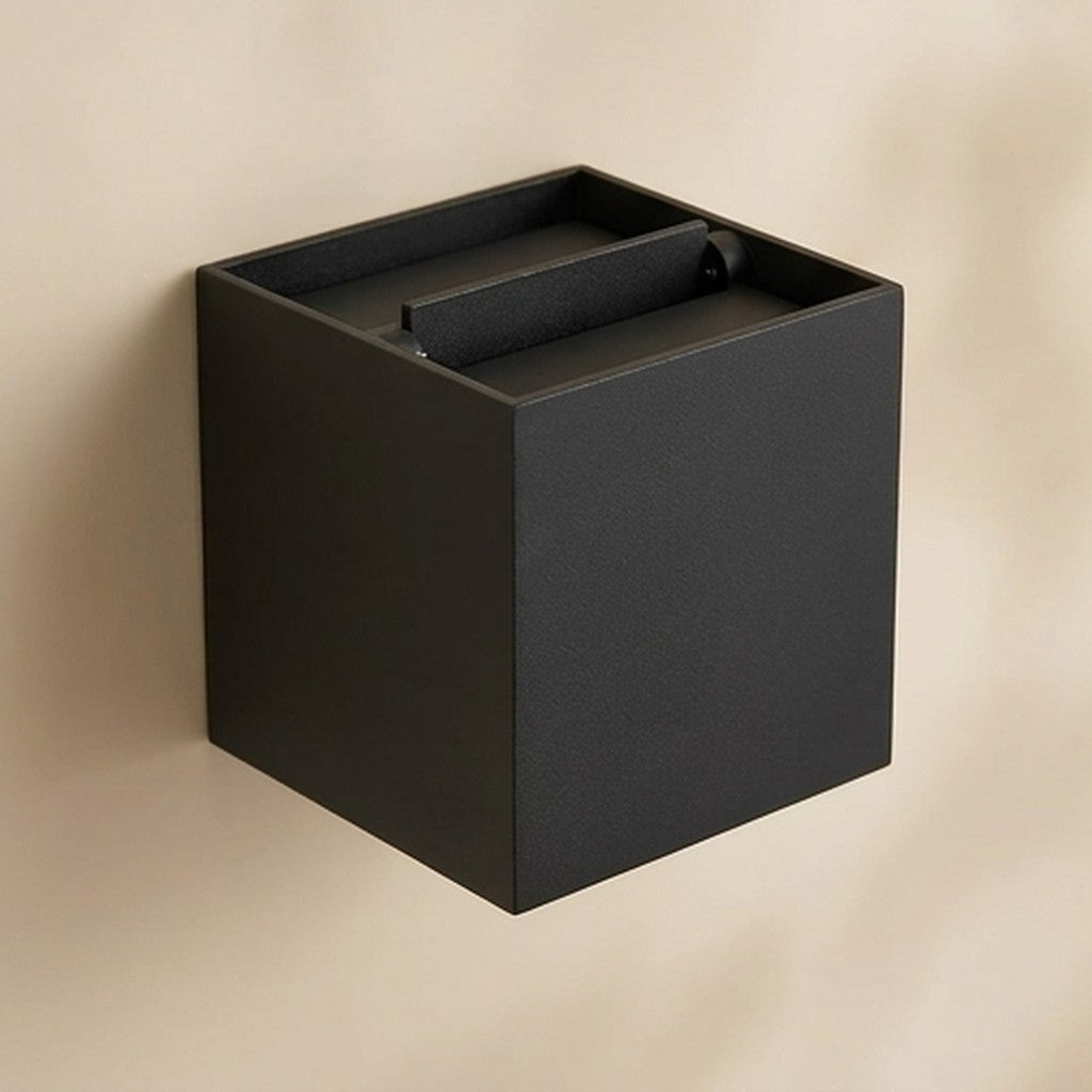 Top angled view of a black LED outdoor wall light with sensor