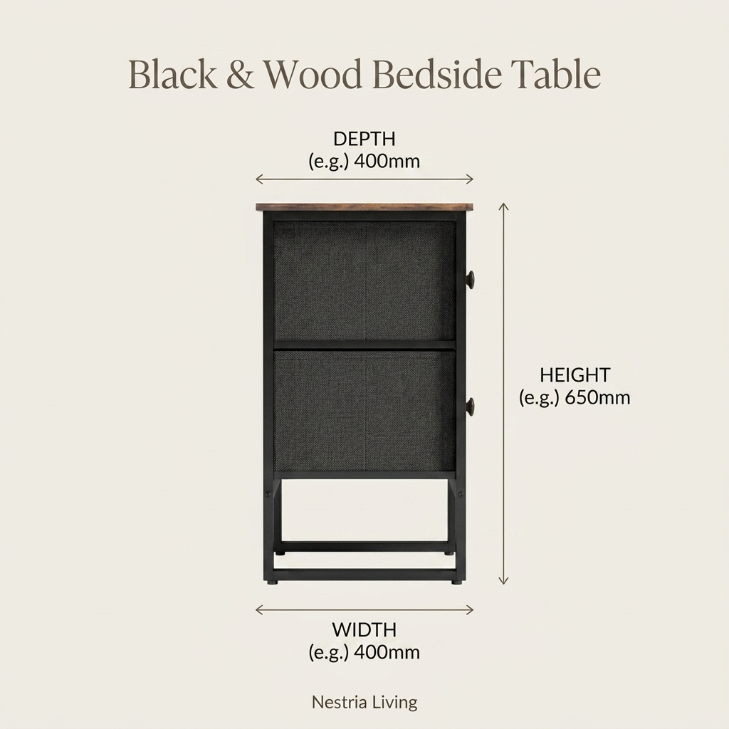 Black metal and wood bedside table, side profile