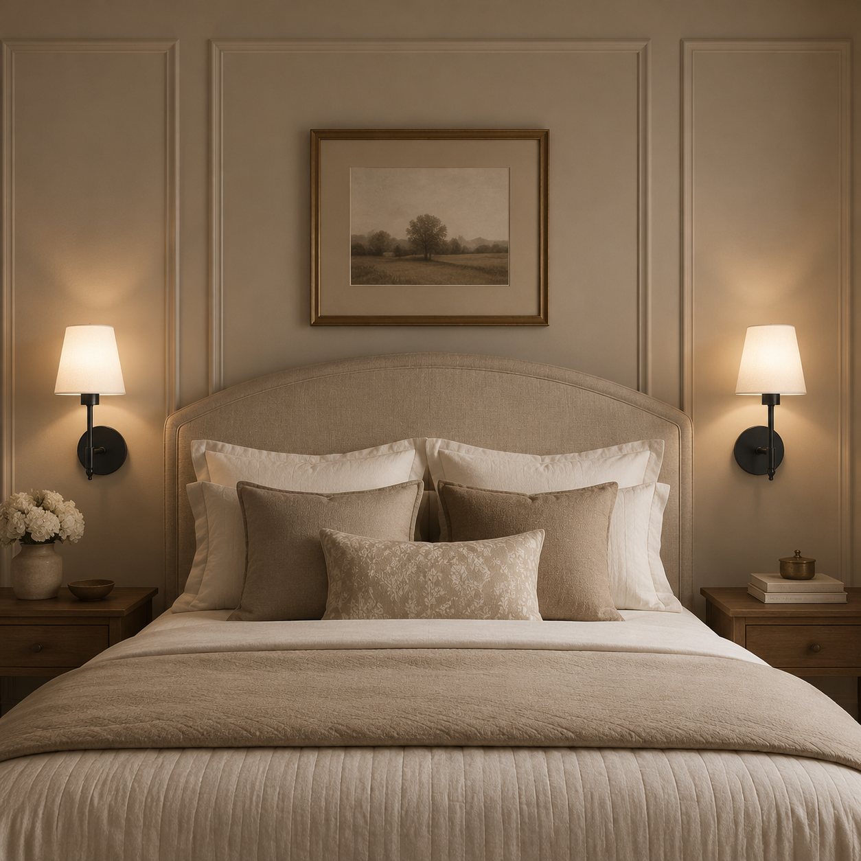Pair of black wireless wall lights mounted beside a neutral upholstered bed