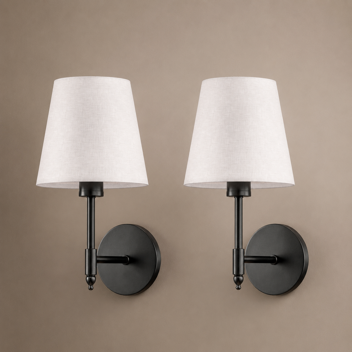 Set of two matte black wireless wall lights with white linen shades