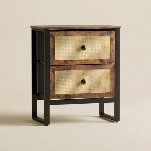 Black and wood bedside table with woven drawers