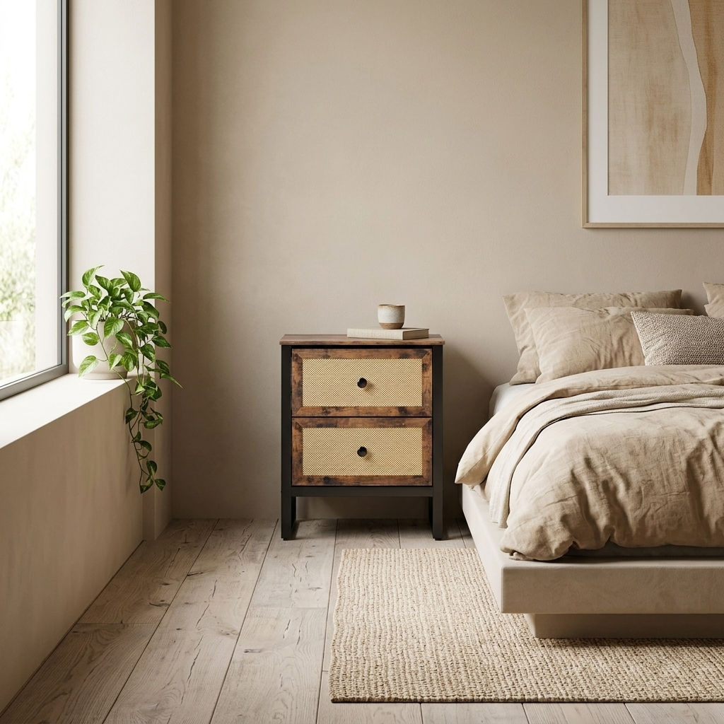 Black and wood nightstand styled beside a bed