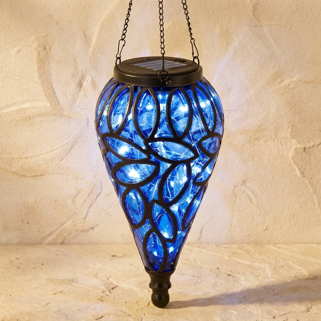 Blue teardrop hanging solar garden lantern with cool white LEDs and black leaf frame