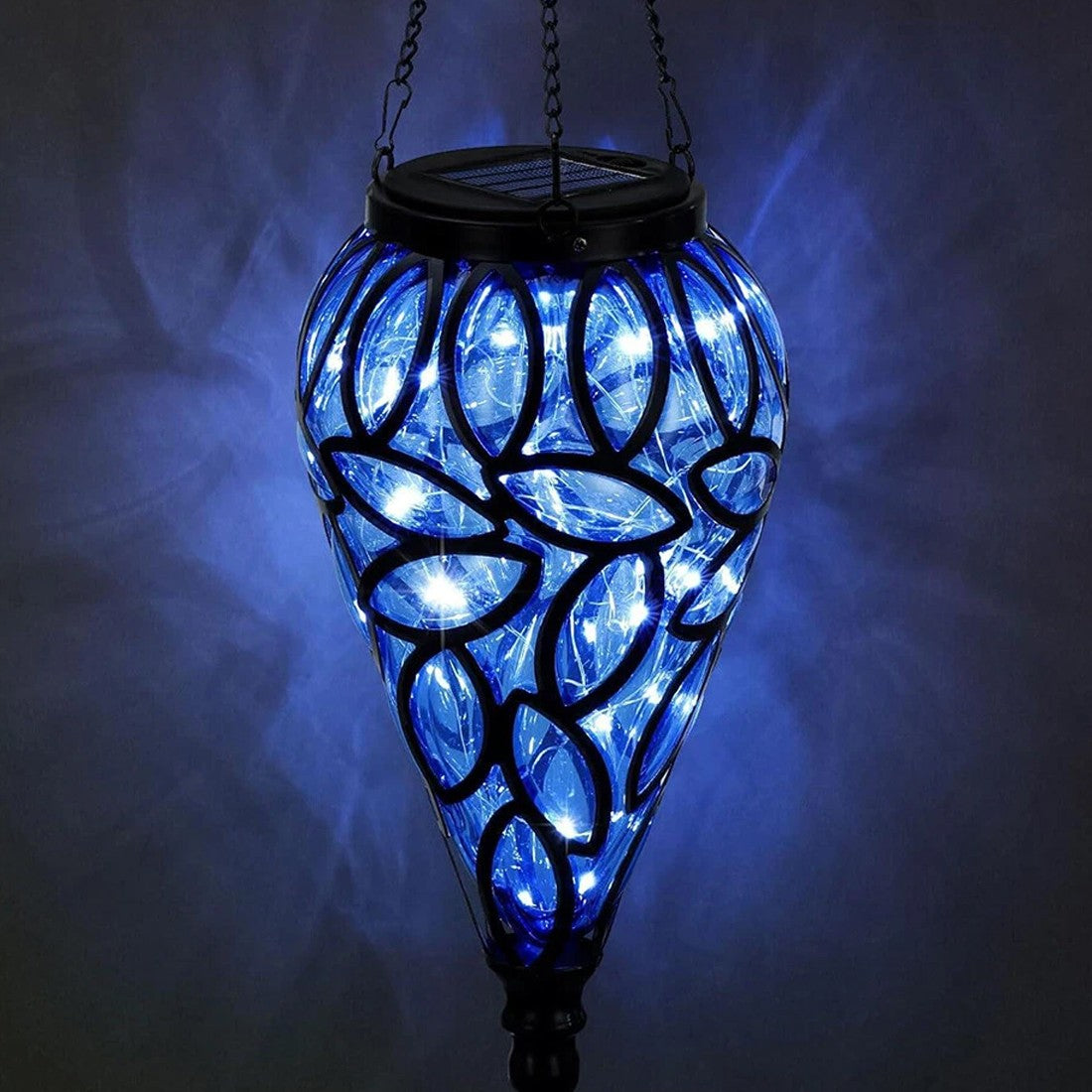 Blue teardrop hanging solar garden lantern