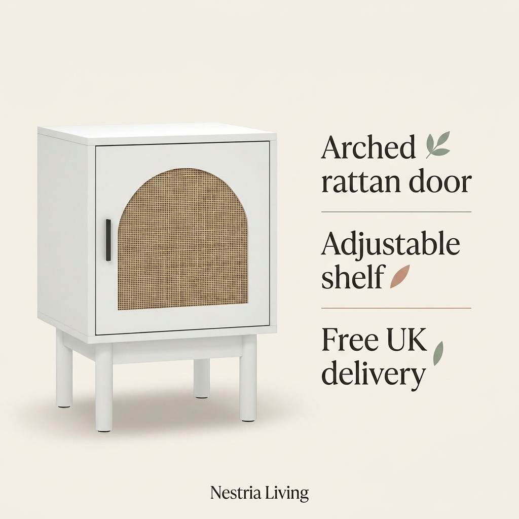 Boho rattan bedside table in white with adjustable shelf